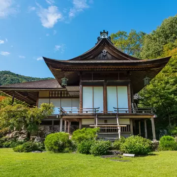 Kyoto, Japan - October 5, 2015: Japanese gardens and main house (Daijokaku) in the Okochi Sanso villa in Arashiyama, Kyoto, the former home and garden of the Japanese period film amor Denjiro Okochi.