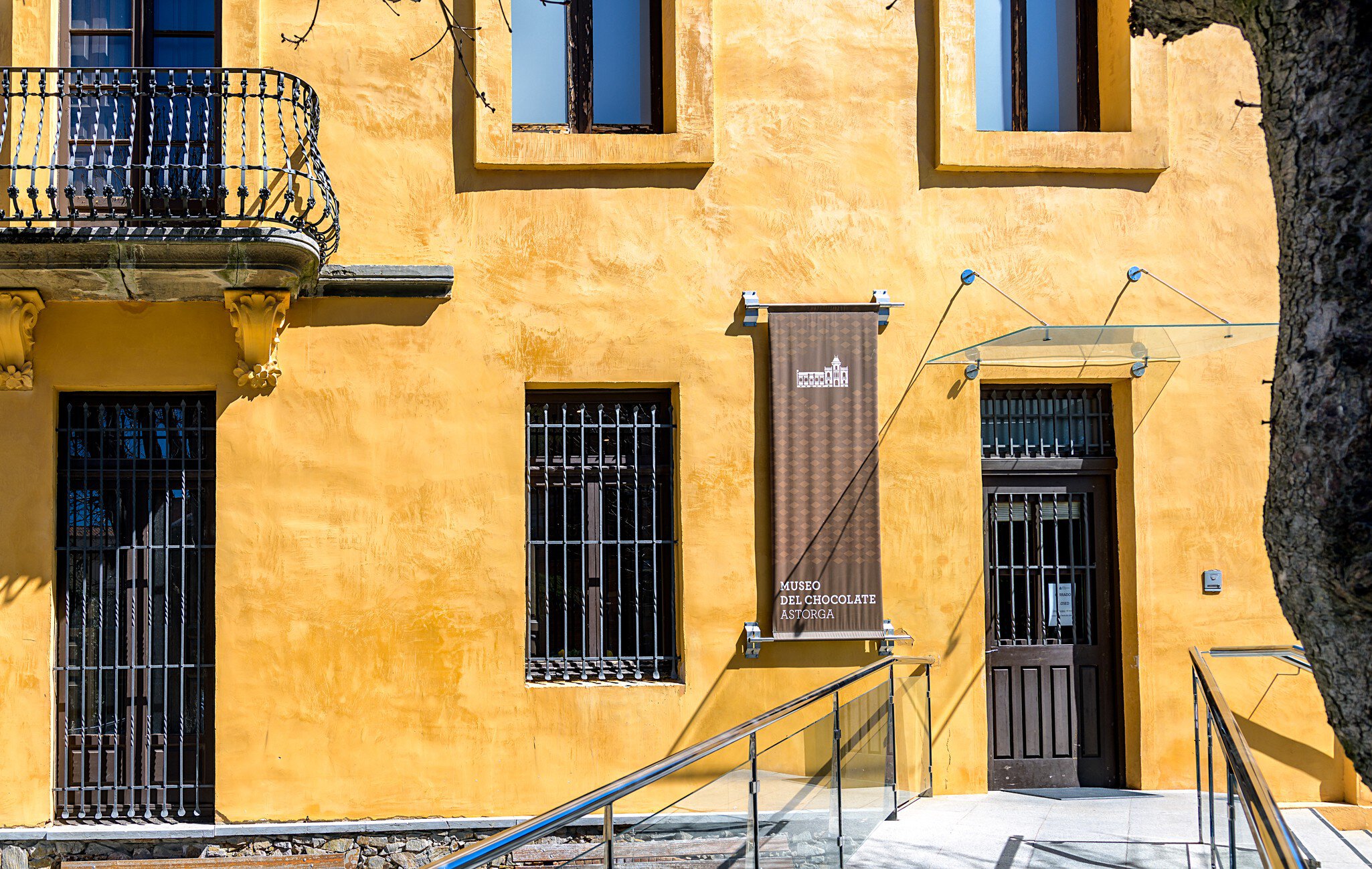 View of facade and entrance to the Chocolate museum in the city of Astorga, Castile and Leon, Spain, housed in a historic building in the old part of town.
