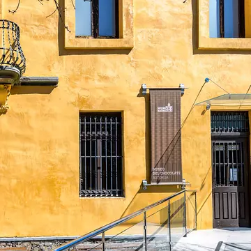 View of facade and entrance to the Chocolate museum in the city of Astorga, Castile and Leon, Spain, housed in a historic building in the old part of town.