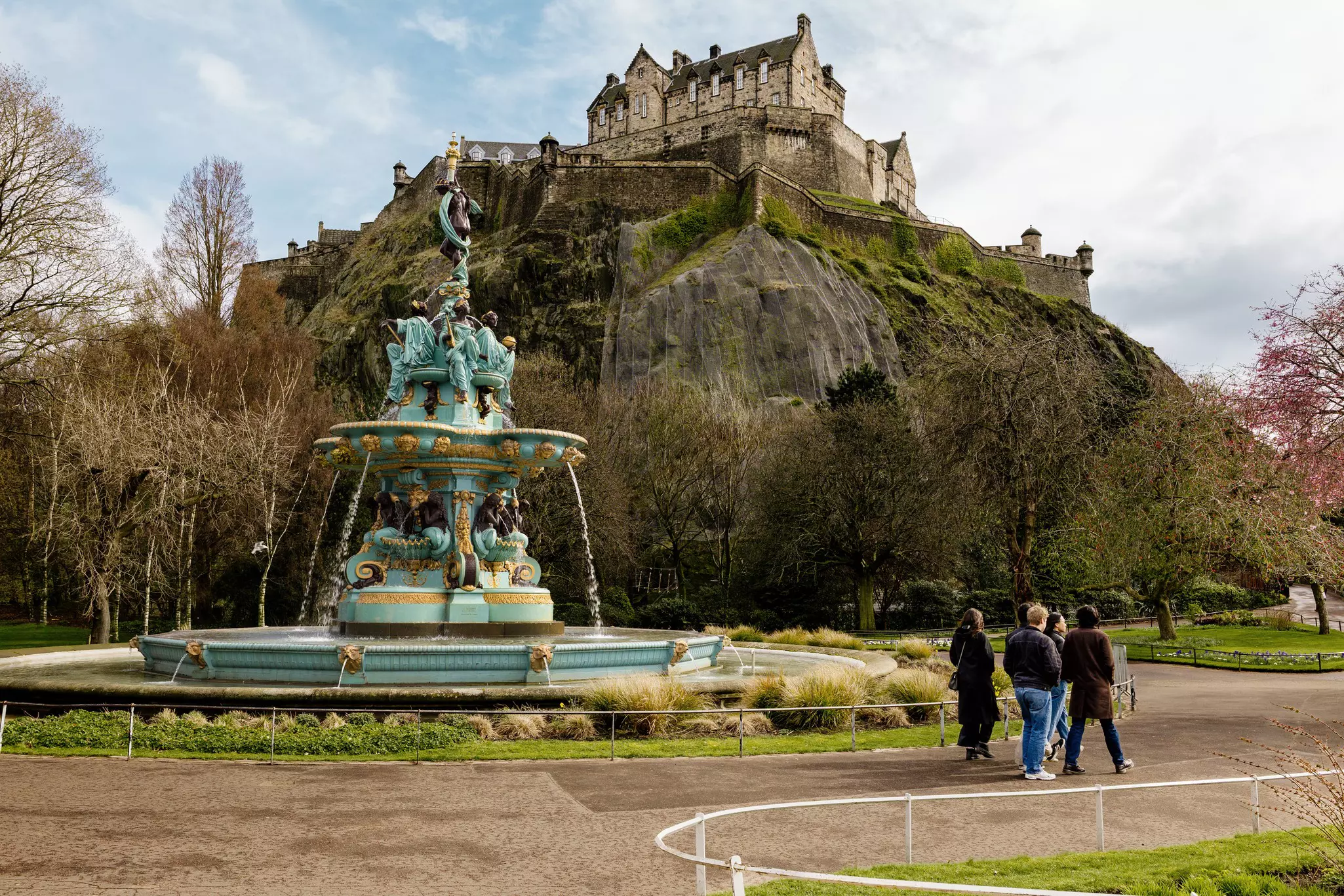 Edinburgh Castle rises over the Princes Street Gardens, Scotland.