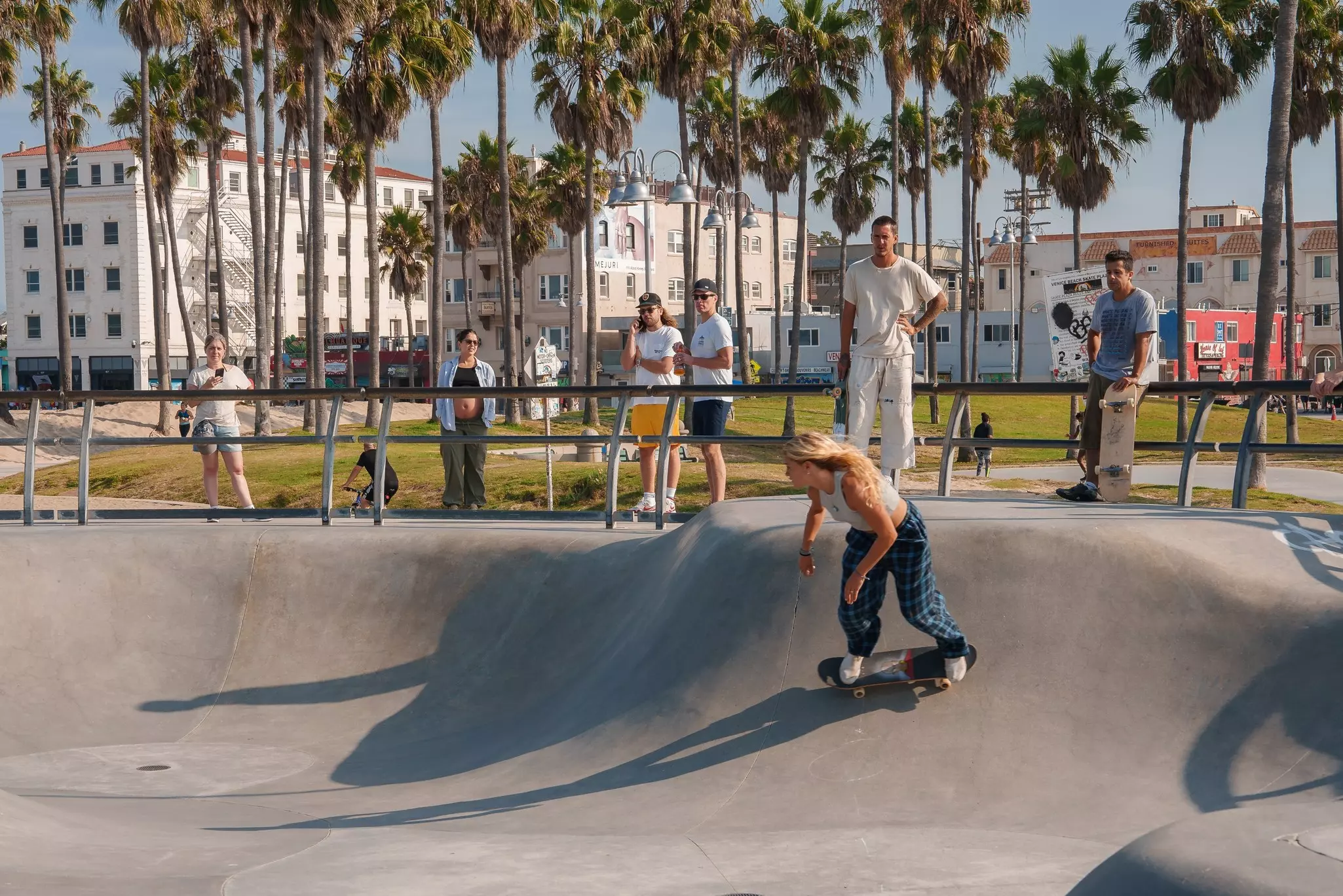 Skatepark scene in Venice Beach, Los Angeles, with skateboarders, onlookers and palm trees under a sunny sky