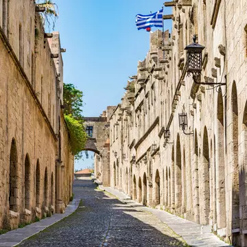 The Street of the Knights - the most famous street in Rhodes old town, Rhodes island, Greece; Shutterstock ID 691512550; your: Sloane Tucker; gl: 65050; netsuite: Online Editorial; full: POI