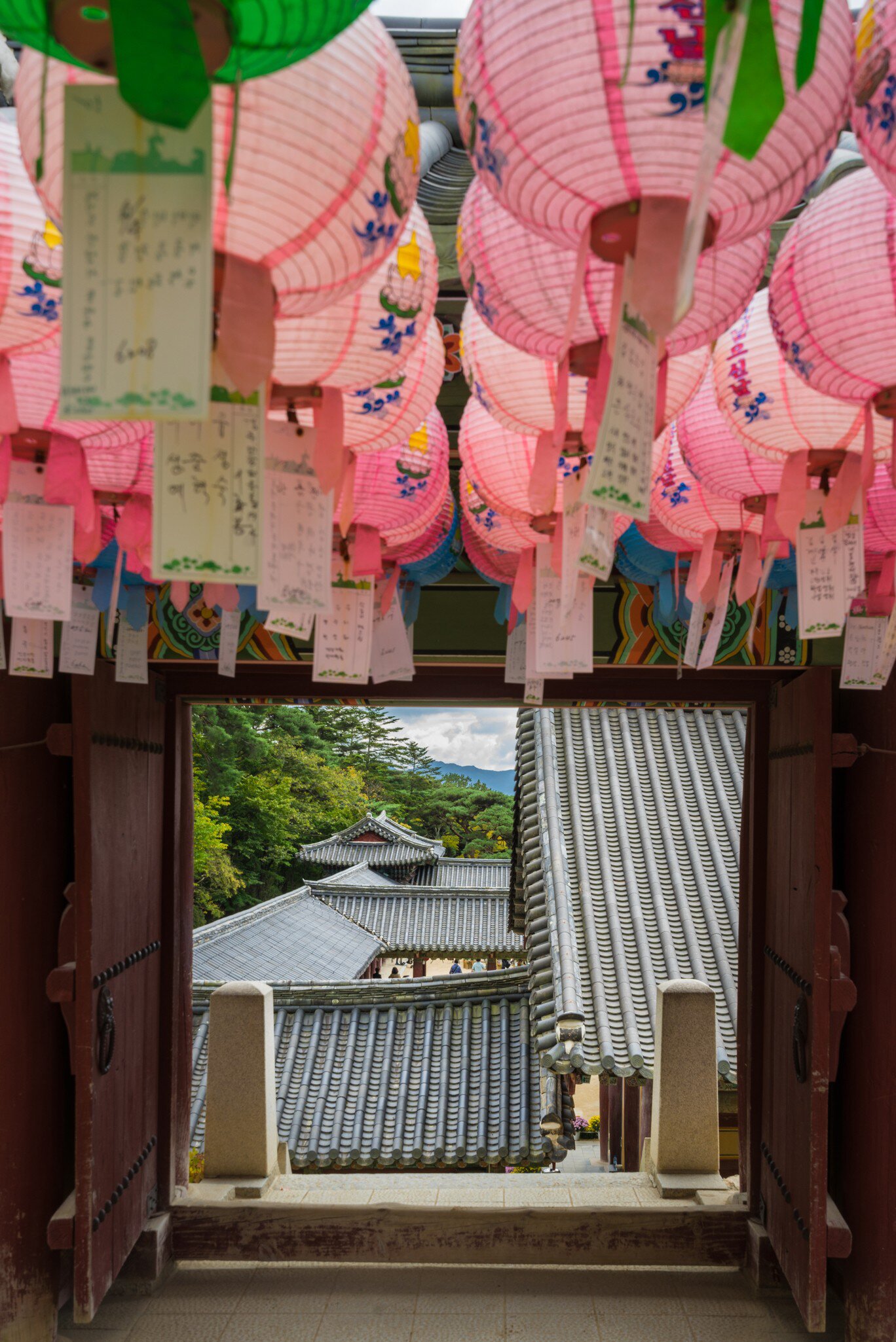 Rows of pink paper lanterns above an open wooden temple door, with grey tiled roofs and green hills behind.