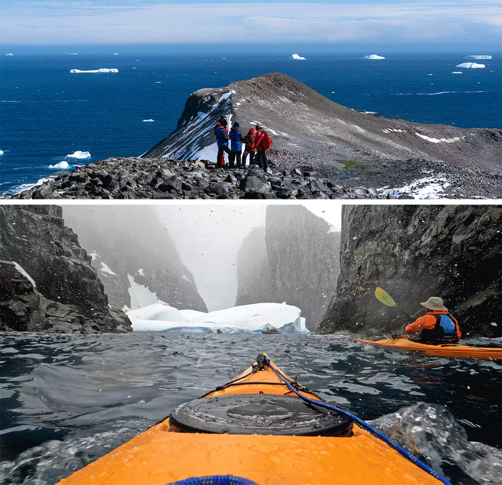 Sebastian Modak looks out from the boat, Greg Mortimer, in Antartica.