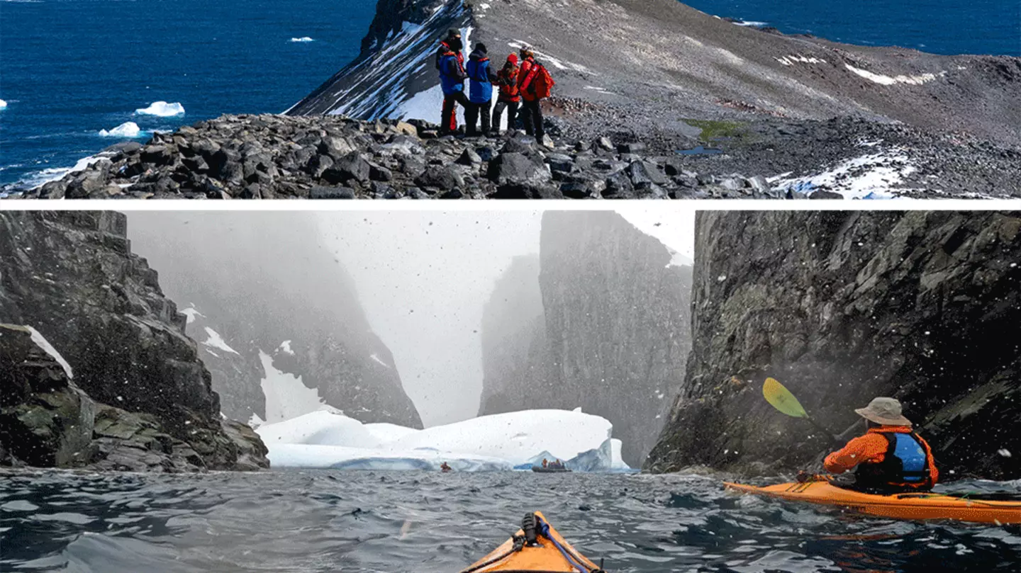 Sebastian Modak looks out from the boat, Greg Mortimer, in Antartica.