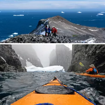 Sebastian Modak looks out from the boat, Greg Mortimer, in Antartica.