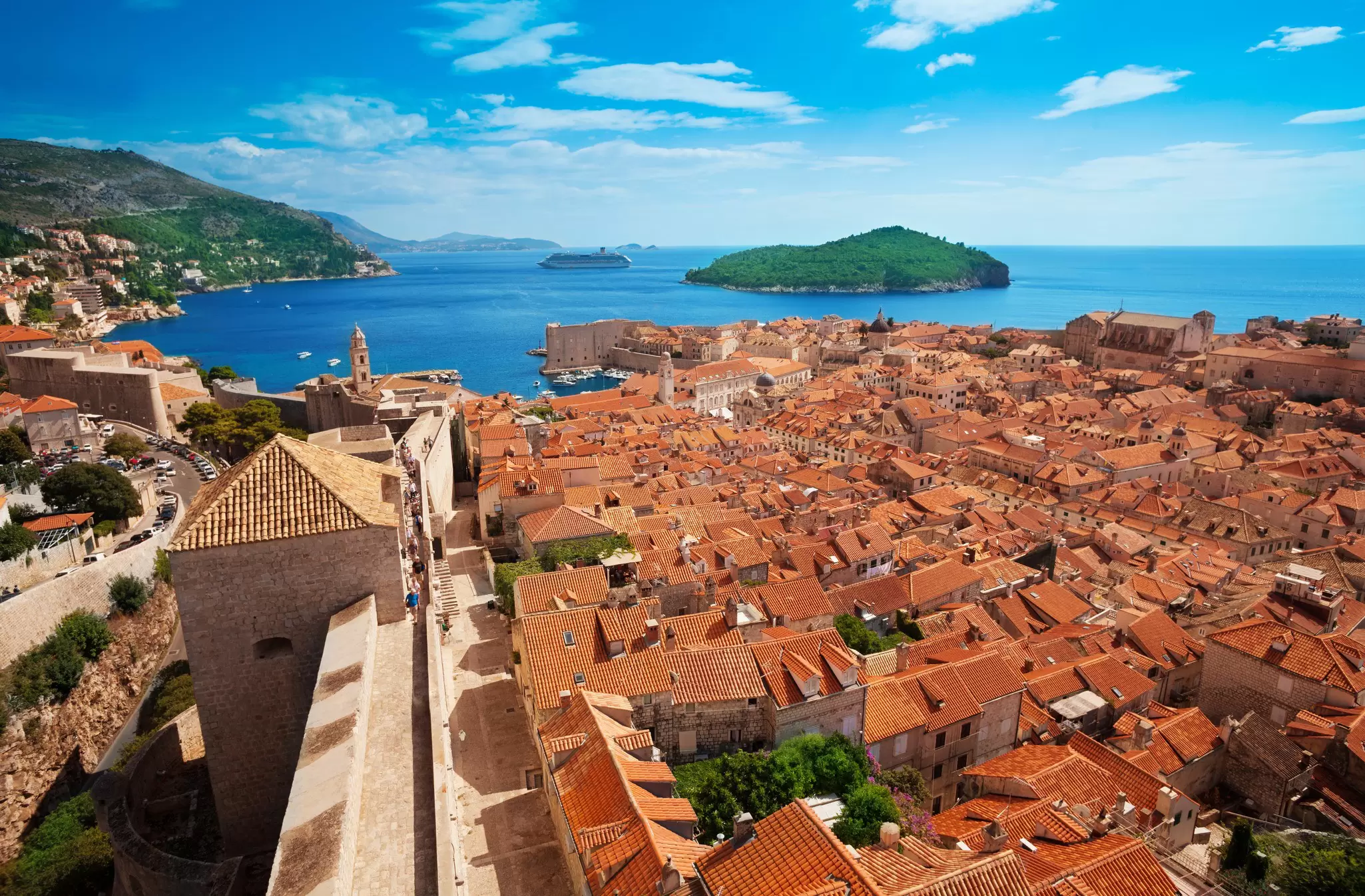 A walkway along city walls with views over red rooftops to the sea in the distance